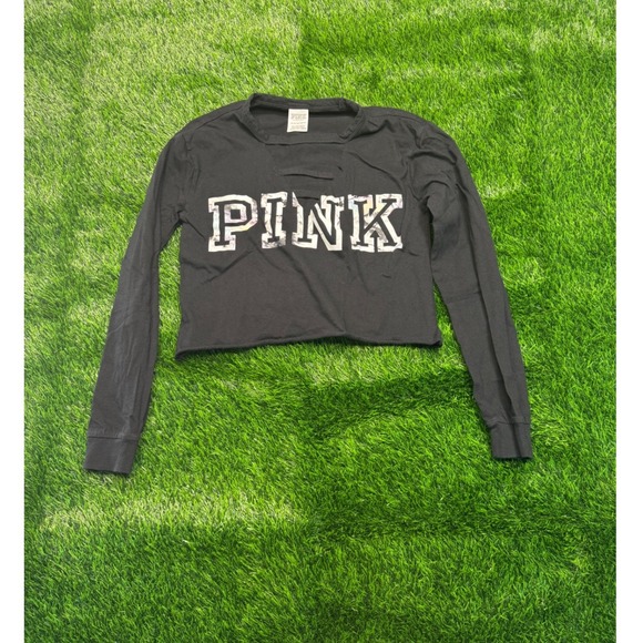 PINK Victoria's Secret Tops - PINK Victoria's Secret Crop Top XS Black Womens Long Sleeve Cutout Tee Excellent